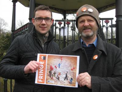 Designer Tom Mason (left) with Buxton Fringe Chair Keith Savage by the Pavilion Gardens Bandstand, Buxton.