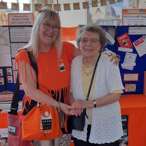 Fringe Desk Manager Gaye Chorlton meets former Desk Manager Margaret Sigley, who was with the Fringe between 1981 and 1988